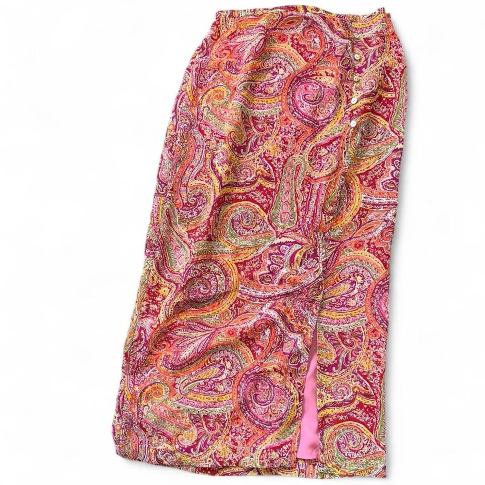 JH Collectibles Paisley Print Midi Skirt Button Front‎ Slit Hem Colorful